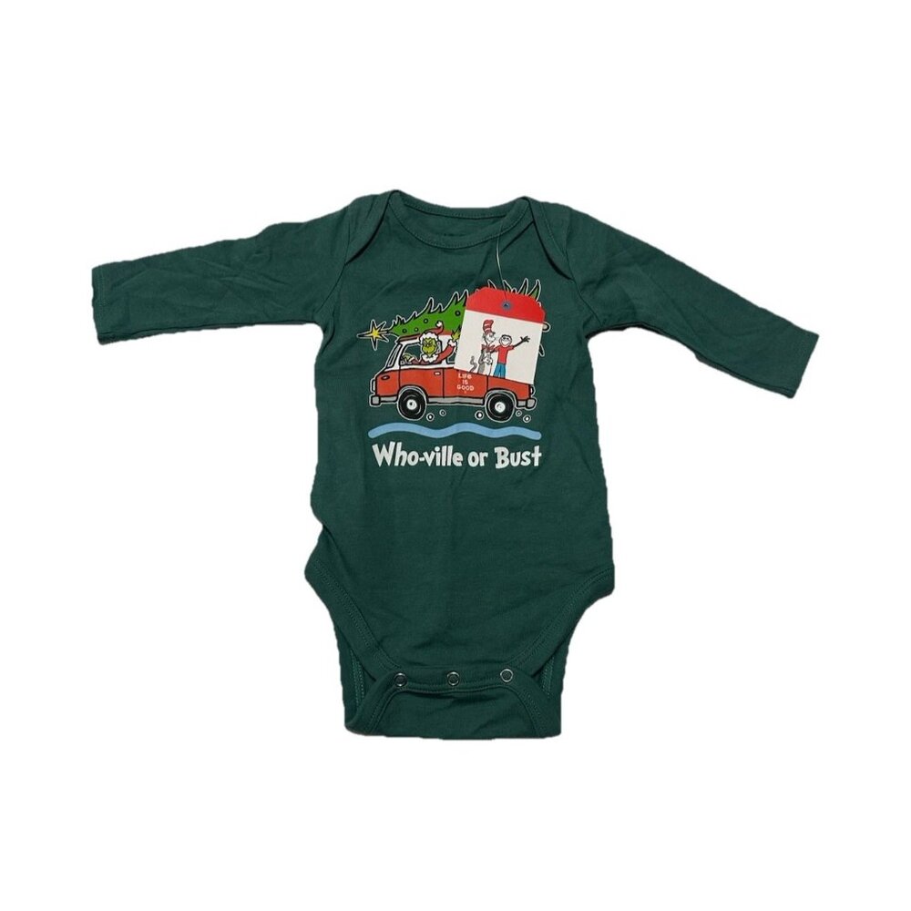 Life Is Good Baby Grinch Who-ville Or Bust One Piece Christmas Romper 3-6 Months